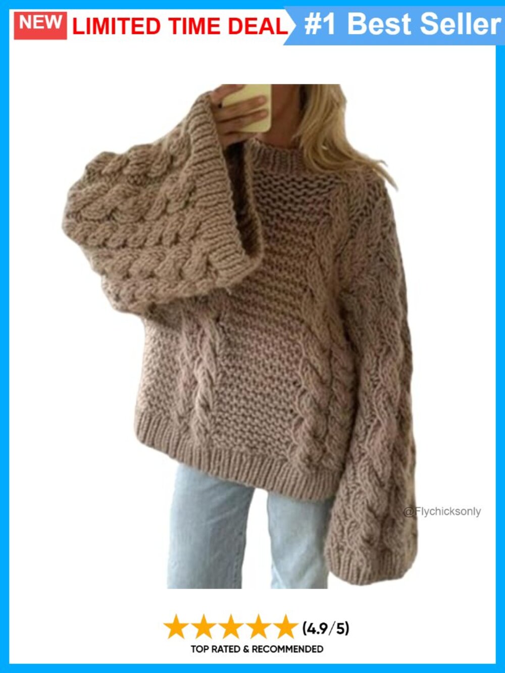 Oversized Cable Knit Sweater Long Sleeve Chunky Pullover